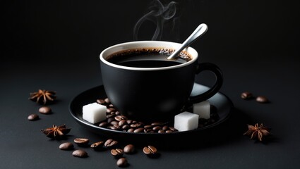Poster - Black coffee in a cup with ingredients on a dark background
