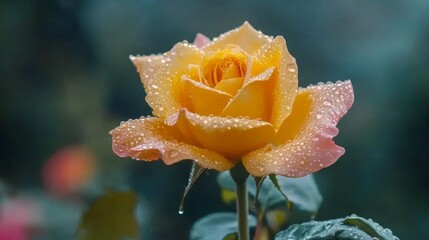 Poster - A yellow rose with fresh dew on its petals, set against a soft green garden background for a cheerful and vibrant look