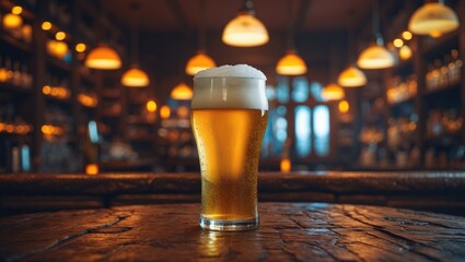 Poster - Cold beer served in a glass on a wooden table with shadows, set against a blurred bar interior background.