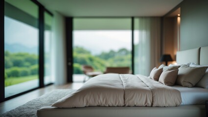 Poster - Contemporary Bedroom Interior with Large Windows and Soft Natural Light Blur