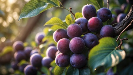 Poster - Close-up of juicy ripe plums hanging on a branch