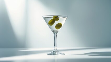 Poster - Green olive vodka martini cocktail on a light background