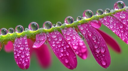 Aufkleber - Close-up of a vibrant flower petal with glistening water droplets on its surface, reflecting the surrounding soft natural light against a blurred green background