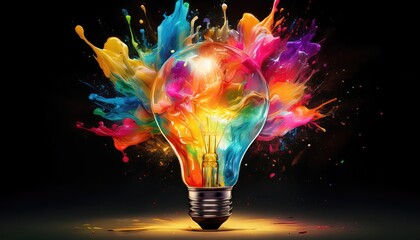 Poster - explosive light bulb paints a vibrant masterpiece on black backdrop, embracing energy and creativity