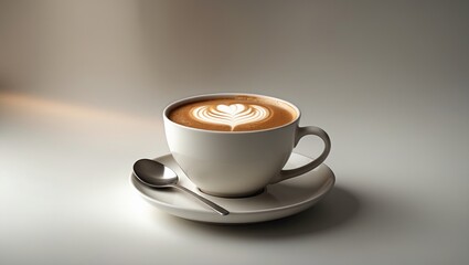Aufkleber - Coffee presented on a clean white background with latte art in a white cup - flat lay