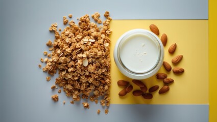 Aufkleber - Flat lay of organic granola, almonds, and milk for nutritious breakfast display