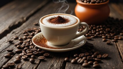 Poster - Vintage coffee cup on rustic wooden table with fresh beans and inviting aroma