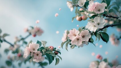 Poster - Soft apple tree flowers against a blue sky, creating a beautiful floral scene perfect for spring-themed banners and natural design backgrounds.