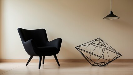 Poster - Simple interior setting with cream-colored walls, lamp, and chair highlighting modern design