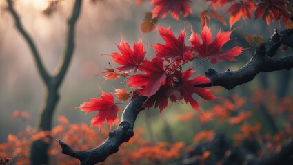 Poster - Vivid autumn cherry leaves on tree branches