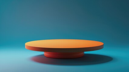 Leinwandbilder - Vibrant wooden disc levitates against a blue backdrop, representing a creative abstract concept with floating round stands.