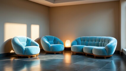 Aufkleber - Stylish and cozy lounge space with plush furniture and ample sunlight, offering a tranquil view through expansive windows for relaxation and informal meetings.