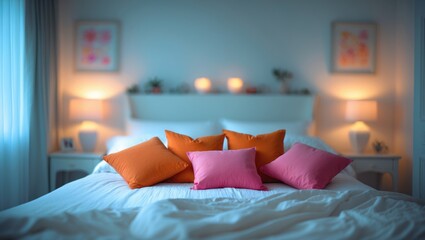 Aufkleber - Minimalist home interior with soft lighting and vibrant accents creating a serene and inviting bedroom ambiance