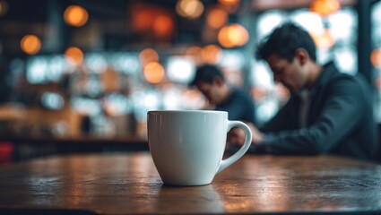 Poster - Coffee cup on table with abstract blurred background in a vibrant cafÃ© setting