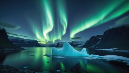 iceberg drifting in fjord under green northern lights at night