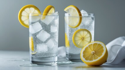Poster - Classic Collins cocktail with lemon in a glass, empty space