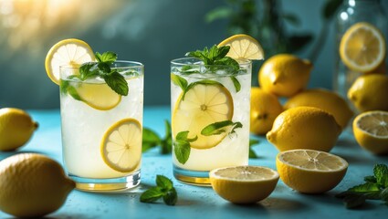 Aufkleber - Cool and natural lemonade with ice and citrus slices served on table