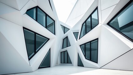 Poster - Modern architecture featuring white walls, black-framed windows, and polygonal geometric shapes with minimalist design and natural lighting
