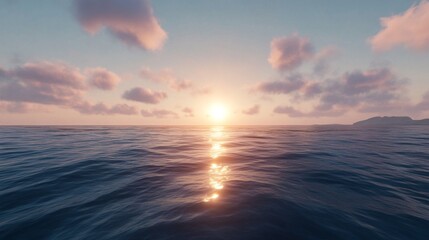 Poster - Sunrise over a calm ocean horizon, reflecting soft morning light on gentle waves, symbolizing a peaceful start to the New Years Day