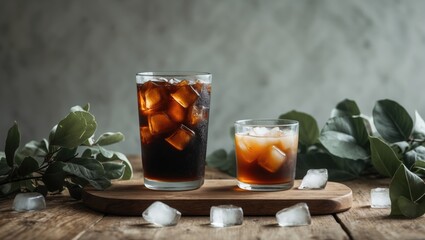 Poster - Chilled iced Americano in a glass with ice cubes on a wooden table, perfect for summer mornings
