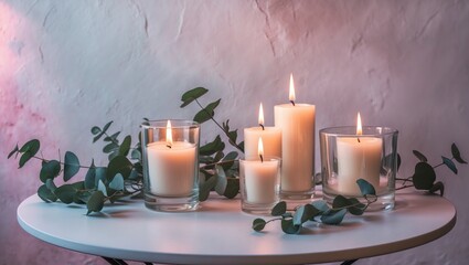 Aufkleber - Aromatic candle arrangement with eucalyptus on home interior table for relaxation and decoration