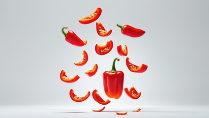 Poster - Sliced paprika and pepper in a surreal, floating levity concept against a white background.