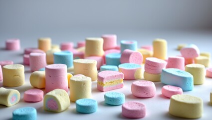 Poster - Vibrant marshmallow candies scattered on a pastel background