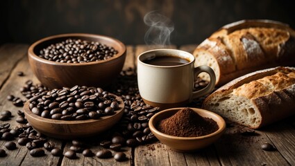 Aufkleber - Coffee beans and grounds alongside a loaf of bread on a rustic background
