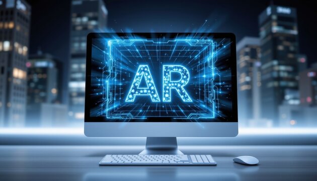 Advanced augmented reality technology on computer screen displaying AR text with digital network effects in a futuristic cityscape background at night