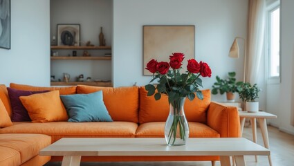 Aufkleber - Cozy sofa and coffee table adorned with flowers in vase in living room