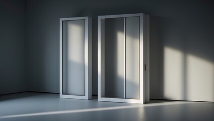 Poster - Modern wooden window with shadows emphasizing natural light for a serene minimalist interior