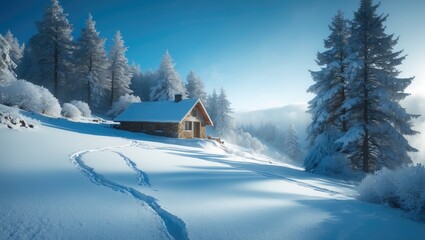 Poster - Snow-covered slope cottage with rabbit tracks in winter foreground