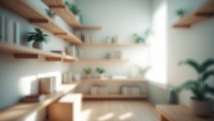 Poster - Serene home interior with blurred background showcasing minimalist wooden shelves, plants, and books illuminated by soft natural daylight for a peaceful reading environment.