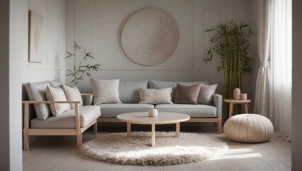 Poster - Cozy sofa, coffee table, and bamboo plant in a home interior