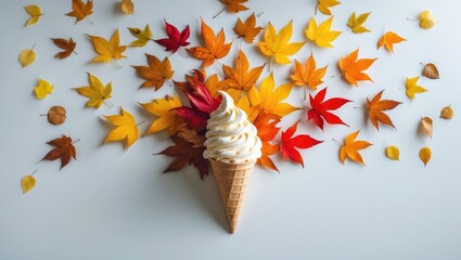 Poster - Creative autumn ice cream cone with colorful leaves in a flat lay arrangement