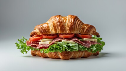 Poster - Salad and cheese-filled croissant on white background