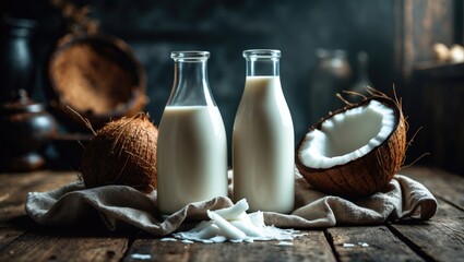 Poster - Vegan coconut milk in various bottles for a dairy-free plant-based beverage