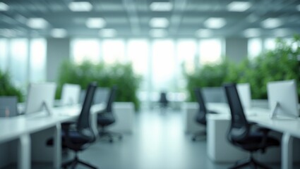 Poster - Bright and spacious office space with blurred background, greenery, ergonomic furniture, and natural light to boost productivity and creativity.