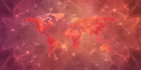 Poster - an abstract world map overlayed with glowing lines and dots in shades of red and orange