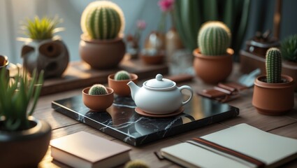 Poster - Decorative Table in Room Featuring Plant Arrangements and Empty Space, Close-Up View