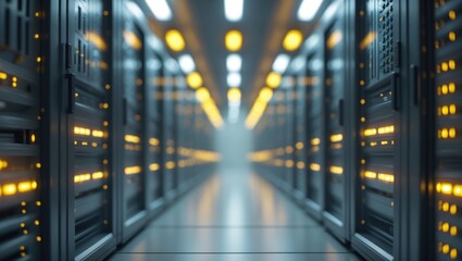 Aufkleber - Futuristic panoramic view of a high-tech data center featuring sleek server cabinets and blinking lights for innovative design.
