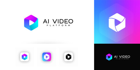 Aufkleber - AI Video Platform Logo With Gradient Play Symbol In 3D Hexagon Shape, Futuristic Design For Tech And Media Brands. Vector logotype