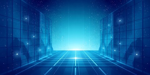 Poster - a blue grid hallway with glowing lights and a bright light at the end of the hallway space