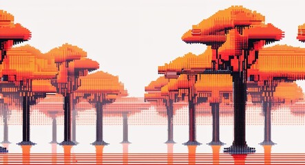 orange trees digital glitch pixel abstract pattern art design on plain white background illustration