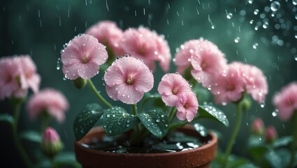Poster - Geranium flowers with dew drops on a floral background in pink and white