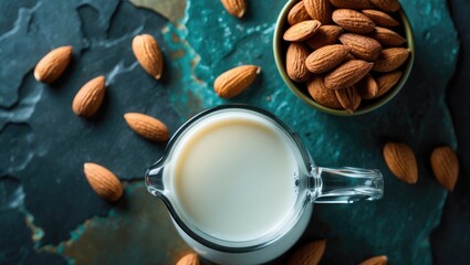 Poster - Milk pitcher containing almond milk with almonds on a dark stone surface.