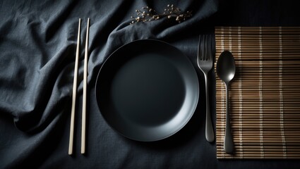 Poster - Elegant black tableware featuring chopsticks, bamboo mat, fork, and spoon on a dark background