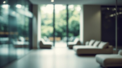 Poster - Abstract dark blurred image of an empty office lobby with seating area and glass wall window in the interior corridor.