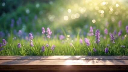 Aufkleber - Wooden table product display set against a garden background with grass, foliage, and bright sunlight