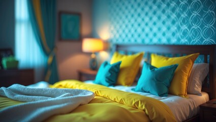 Poster - Bright bedroom with blurred background showcasing vibrant yellow accents and artistic wallpaper for a stylish and inviting space.
